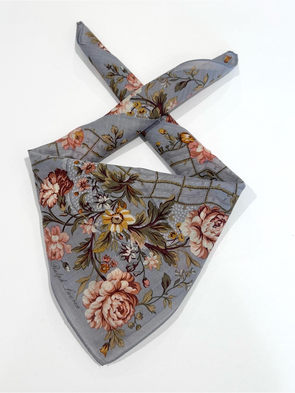 WOMEN HANDKERCHIEF RALPH LAUREN FLORAL Gray Pink COTTON POCKET SQUARE  18”